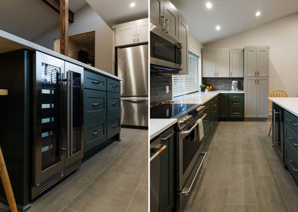Two-tone kitchen renovation featuring green lower cabinets, a built-in beverage fridge in the island, a stainless range, and a dark subway tile backsplash.