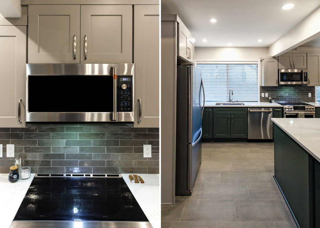 Close-up of a stainless microwave and induction cooktop alongside an open-concept kitchen view, part of an Everett, WA kitchen remodel.