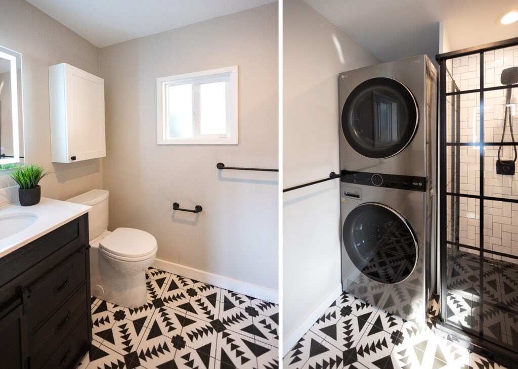 Space-saving bathroom by JL Remodeling with a stacked washer and dryer, glass-enclosed tile shower, and patterned black-and-white floor tile.